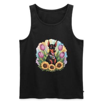 Doberman Pinscher mit Sonnenblumen und Tulpen - Männer Premium Bio Tank Top - Schwarz - Vorne - AI Model Male 178 light (178cm)