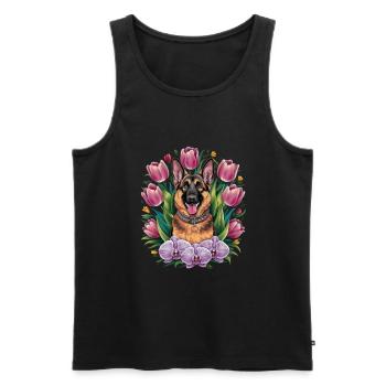 Dessin animé berger allemand avec des orchidées - Débardeur bio Premium Homme - noir - Devant - AI Model Male 178 light (178cm)