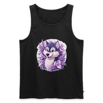Dessin animé Husky avec des tulipes, lilas pour les fans de husky - Débardeur bio Premium Homme - noir - Devant - AI Model Male 178 light (178cm)