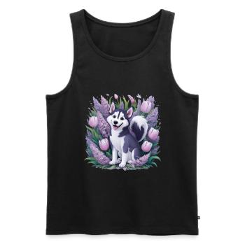 Dessin animé Husky avec des tulipes, lilas pour les fans de husky - Débardeur bio Premium Homme - noir - Devant - AI Model Male 178 light (178cm)