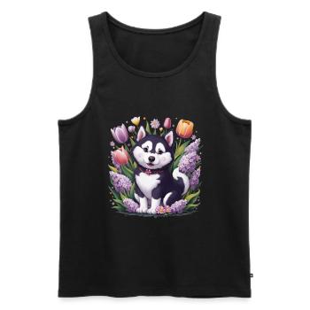 Dessin animé Husky avec des tulipes, lilas pour les fans de husky - Débardeur bio Premium Homme - noir - Devant - AI Model Male 178 light (178cm)