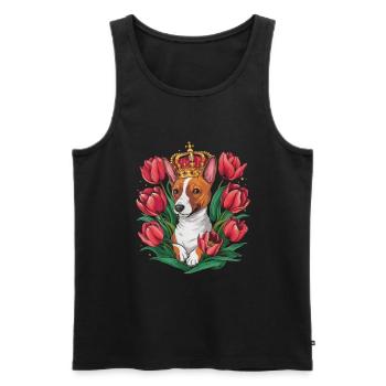 Cartoon Basenji Dog with Crown and Tulips - Men's Premium Organic Tank Top - black - Front - Michal (187cm)