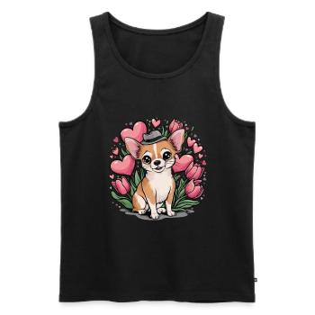 Motif animalier mignon avec chihuahua, tulipes et cœurs - Débardeur bio Premium Homme - noir - Devant - Michal (187cm)