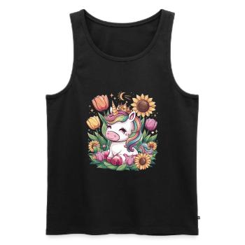 Kawaii Einhorn mit Krone, Tulpen und Sonnenblmen - Männer Premium Bio Tank Top - Schwarz - Vorne - AI Model Male 178 light (178cm)