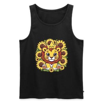 Dessin animé Kawaii lion avec couronne et tournesols - Débardeur bio Premium Homme - noir - Devant - Michal (187cm)