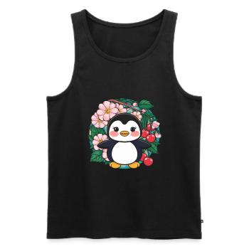 Dessin animé Kawaii Pingouin aux cerises - Débardeur bio Premium Homme - noir - Devant - Michal (187cm)
