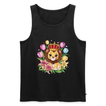 Lion kawaii avec couronne, tulipes et lys - Débardeur bio Premium Homme - noir - Devant - Michal (187cm)