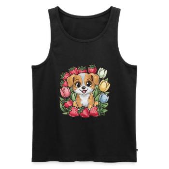 Chien de dessin animé kawaii avec des fraises et des tulipes - Débardeur bio Premium Homme - noir - Devant - Michal (187cm)