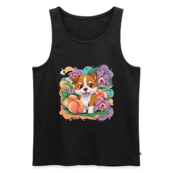 Chien de dessin animé kawaii avec pêche et orchidées - Débardeur bio Premium Homme - noir - Devant - Michal (187cm)