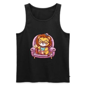 Kawaii Lion with Book, Tea and Glasses - Men's Premium Organic Tank Top - black - Front - AI Model Male 178 light (178cm)