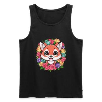 Dessin animé renard kawaii avec des roses colorées. - Débardeur bio Premium Homme - noir - Devant - Michal (187cm)