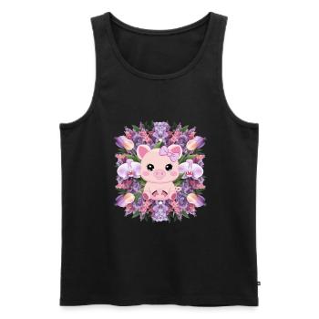 Cochon de style kawaii de dessin animé avec des orchidées - Débardeur bio Premium Homme - noir - Devant - Michal (187cm)