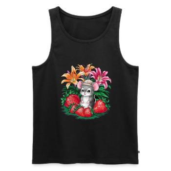 Souris Kawaii aux fraises et aux lys - Débardeur bio Premium Homme - noir - Devant - Michal (187cm)