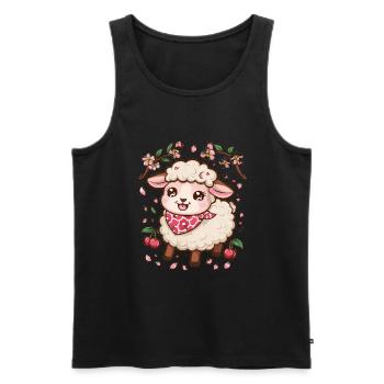 Mouton Kawaii aux cerises et fleurs de cerisier Sakura - Débardeur bio Premium Homme - noir - Devant - AI Model Male 178 light (178cm)