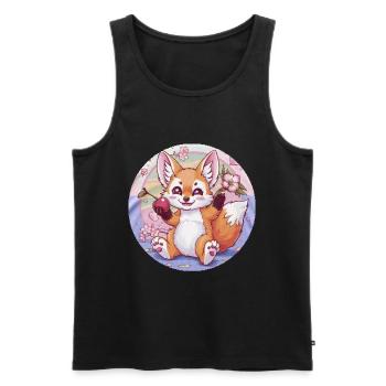 Renard kawaii avec des cerises et des fleurs de cerisier Sakura - Débardeur bio Premium Homme - noir - Devant - Michal (187cm)
