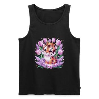 Dessin animé Kawaii Tiger avec couronne de tulipes et lilas - Débardeur bio Premium Homme - noir - Devant - Michal (187cm)