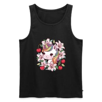 Dessin animé Licorne Kawaii avec des cerises et des lys - Débardeur bio Premium Homme - noir - Devant - AI Model Male 178 light (178cm)