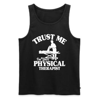 "in Therapy We Trust – Expert Care By Physio - Men's Premium Organic Tank Top - black - Front - AI Model Male 178 light (178cm)