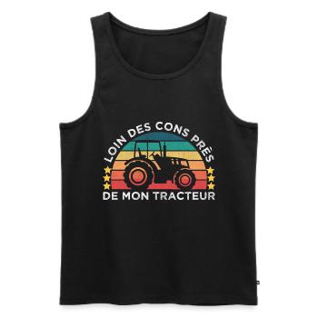 Loin des cons près de mon tracteur humour vintage - Débardeur bio Premium Homme - noir - Devant - Michal (187cm)
