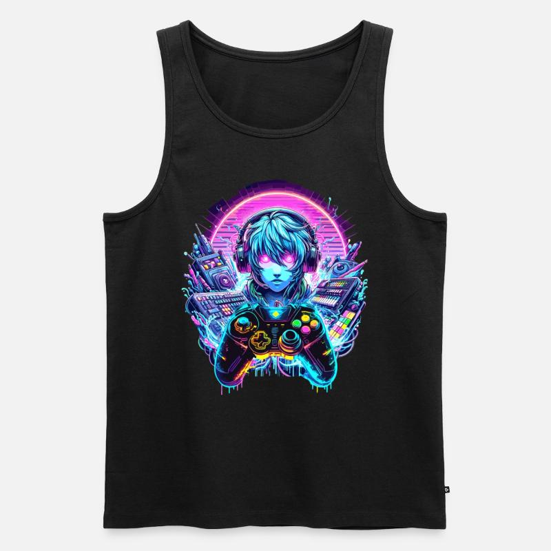 Gamer Headset Anime Synthwave Art - Männer Premium Bio Tank Top - Schwarz
