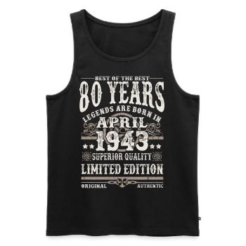 Born in April 1943 - 80 years old - Men's Premium Organic Tank Top - black - Front - AI Model Male 178 light (178cm)