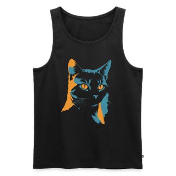 Explosion de couleurs : tête de chat en orange et bleu - Débardeur bio Premium Homme - noir - Devant - AI Model Male 178 light (178cm)
