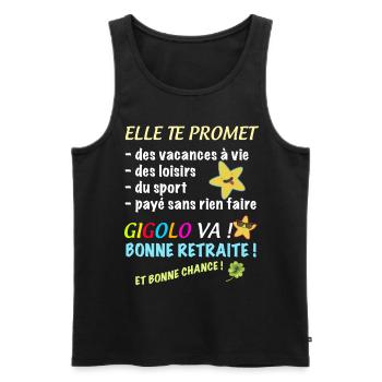 Homme Retraité Gigolo Entretenu Départ Collègue - Débardeur bio Premium Homme - noir - Devant - AI Model Male 178 light (178cm)