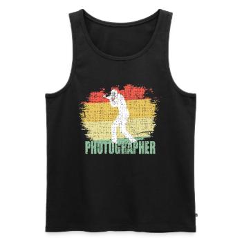 Distressed Photographer T Shirt - Men's Premium Organic Tank Top - black - Front - Michal (187cm)