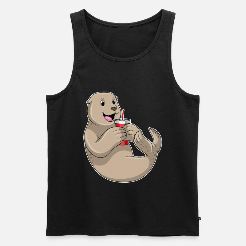 Seehund mit Becher mit Strohhalm - Männer Premium Bio Tank Top - Schwarz