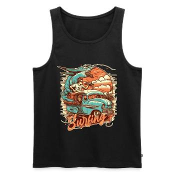 Surfeur et animal fantastique dans le bus lors d’un voyage de surf - Débardeur bio Premium Homme - noir - Devant - AI Model Male 178 light (178cm)