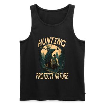 Jäger mit Tieren im Wald mit Schriftzug - Männer Premium Bio Tank Top - Schwarz - Vorne - AI Model Male 178 light (178cm)