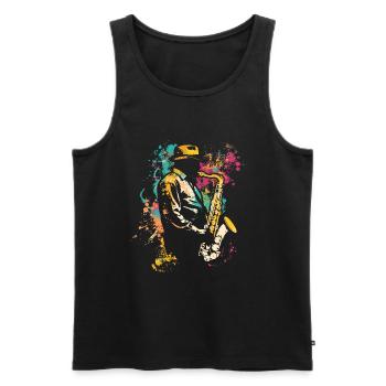 Saxophoniste street art - Débardeur bio Premium Homme - noir - Devant - AI Model Male 178 light (178cm)