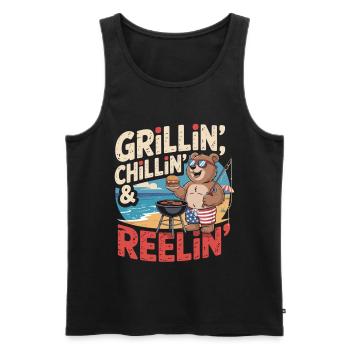 BBQ Shirt with Bear on the Beach for Men - Men's Premium Organic Tank Top - black - Front - AI Model Male 178 light (178cm)
