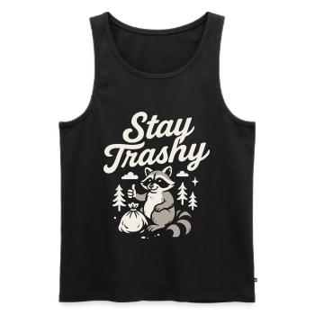 Stay Trashy Raccoon Humor Meme Quote Tee - Men's Premium Organic Tank Top - black - Front - AI Model Male 178 light (178cm)