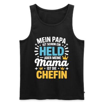 Mein Papa ist Held – aber Mama ist die Chefin - Männer Premium Bio Tank Top - Schwarz - Vorne - Michal (187cm)