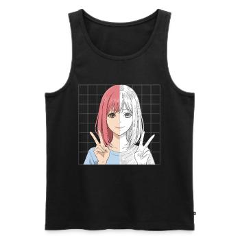 Dessin d’anime moitié couleur moitié dessin au trait - Débardeur bio Premium Homme - noir - Devant - AI Model Male 178 light (178cm)