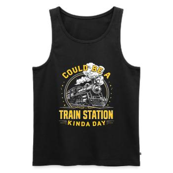 Locomotive à vapeur Station Day – Style rétro - Débardeur bio Premium Homme - noir - Devant - AI Model Male 178 light (178cm)
