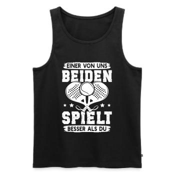 Padel game ONE OF US PLAYS BETTER THAN YOU - Men's Premium Organic Tank Top - black - Front - AI Model Male 178 light (178cm)
