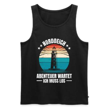 Vacances en mer du Nord L’AVENTURE DU NORDDEICH VOUS ATTEND - Débardeur bio Premium Homme - noir - Devant - AI Model Male 178 light (178cm)