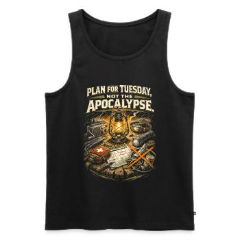 Prepper Survivalist Plan For Tuesday - Men's Premium Organic Tank Top - black - Front - AI Model Male 178 light (178cm)