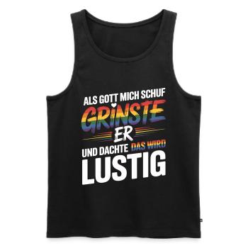 Als Gott mich schuf grinste er – Pride Humor - Männer Premium Bio Tank Top - Schwarz - Vorne - AI Model Male 178 light (178cm)