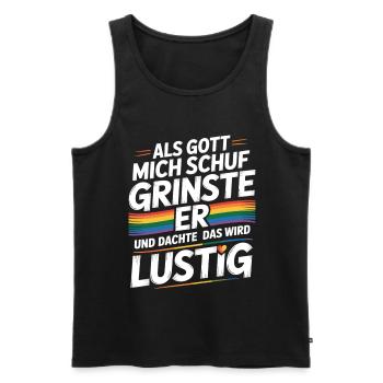 Als Gott mich schuf grinste er – Pride Humor - Männer Premium Bio Tank Top - Schwarz - Vorne - AI Model Male 178 light (178cm)
