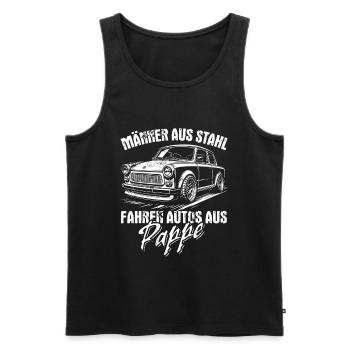 Trabi | Männer aus Stahl - Auto aus Pappe - Männer Premium Bio Tank Top - Schwarz - Vorne - AI Model Male 178 light (178cm)