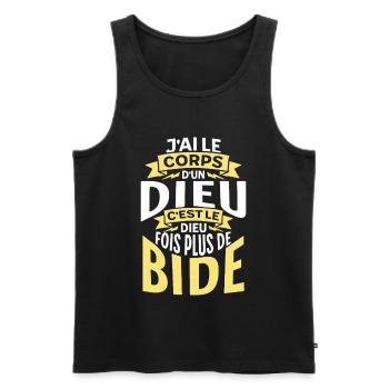 Corps d'un Dieu fois plus de bide - humour ventre - Débardeur bio Premium Homme - noir - Devant - Michal (187cm)