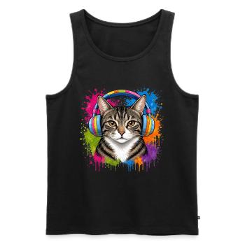 Chat avec écouteurs musicaux en couleur Splash Cats - Débardeur bio Premium Homme - noir - Devant - Michal (187cm)