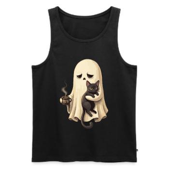 Chat fantôme avec une tasse à café - Débardeur bio Premium Homme - noir - Devant - Michal (187cm)