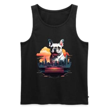 SILHOUETTE DE BOULEDOGUE FRANÇAIS AVEC UN COUCHER DE SOLEIL DE VILLE - Débardeur bio Premium Homme - noir - Devant - AI Model Male 178 light (178cm)