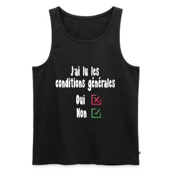 T-shirt humour digital – J’ai (pas) lu les CGU - Débardeur bio Premium Homme - noir - Devant - AI Model Male 178 light (178cm)