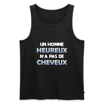 Un homme heureux n'a pas de cheveux. Humour chauve - Débardeur bio Premium Homme - noir - Devant - Michal (187cm)