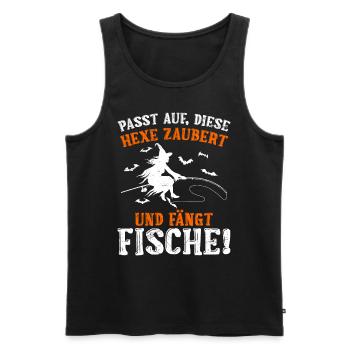 Halloween Shirt Die Hexe Zaubert und Fängt Fische - Männer Premium Bio Tank Top - Schwarz - Vorne - Michal (187cm)
